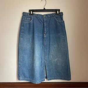 Vintage Y2K Blue Knee Length Denim Skirt with Slit and Braided Belt Detail